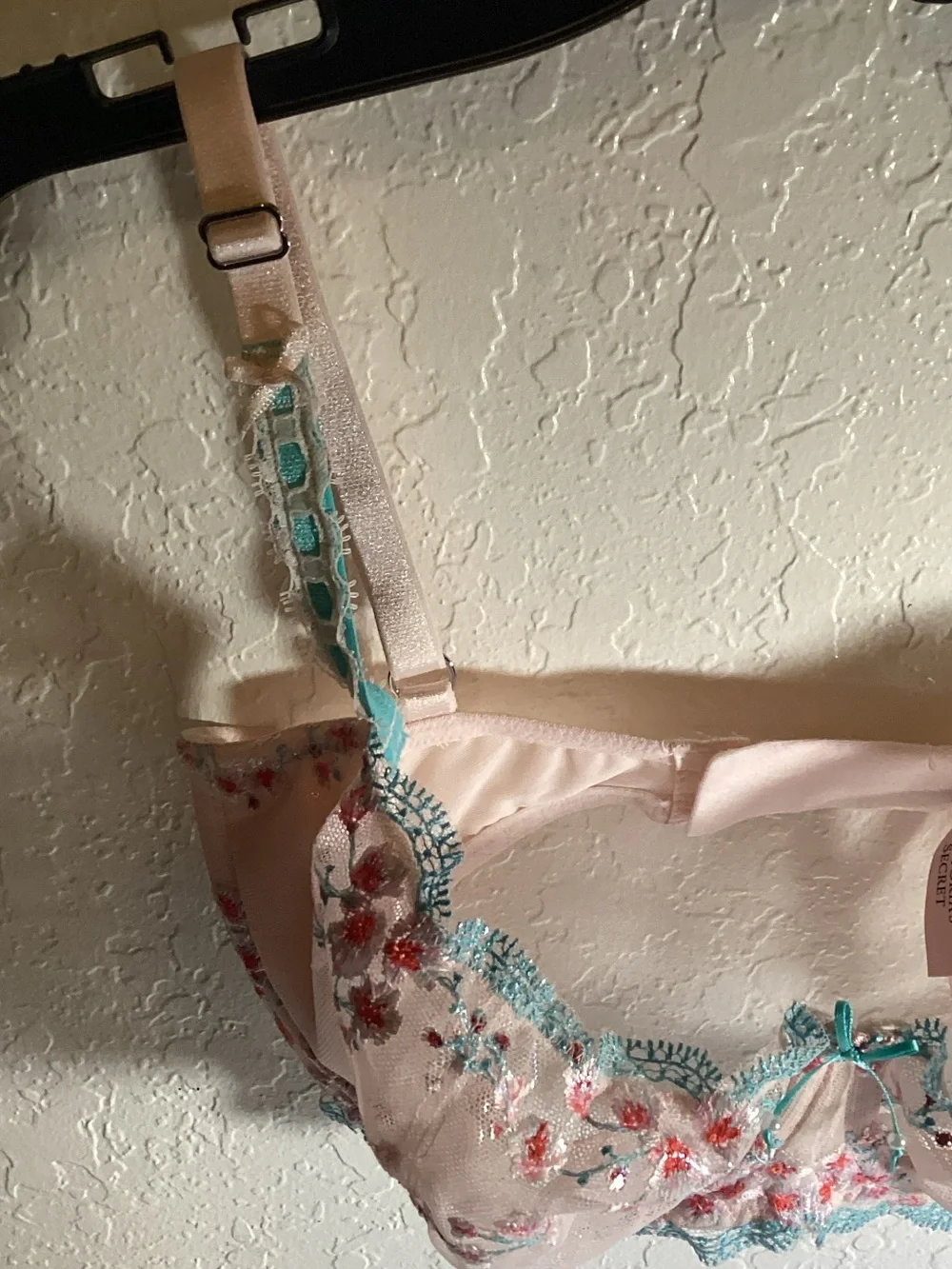 Sheer Pink Embroidered Balconette Bra with Turquoise Trim